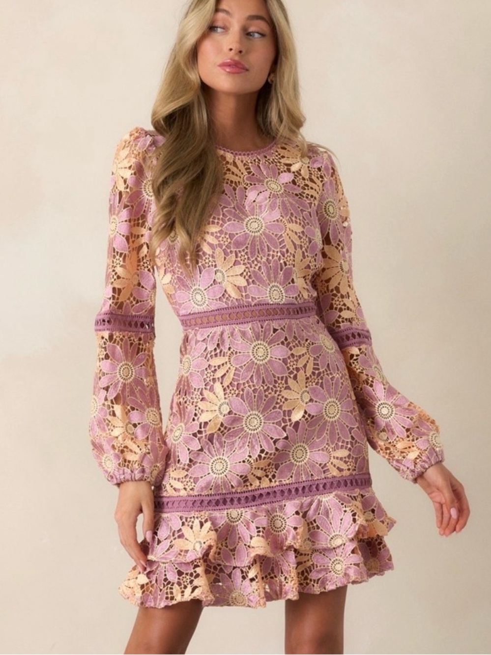 Just Me Lavender & Blush Floral Crochet Lace Mini Dress Romantic Boho Cottagecor